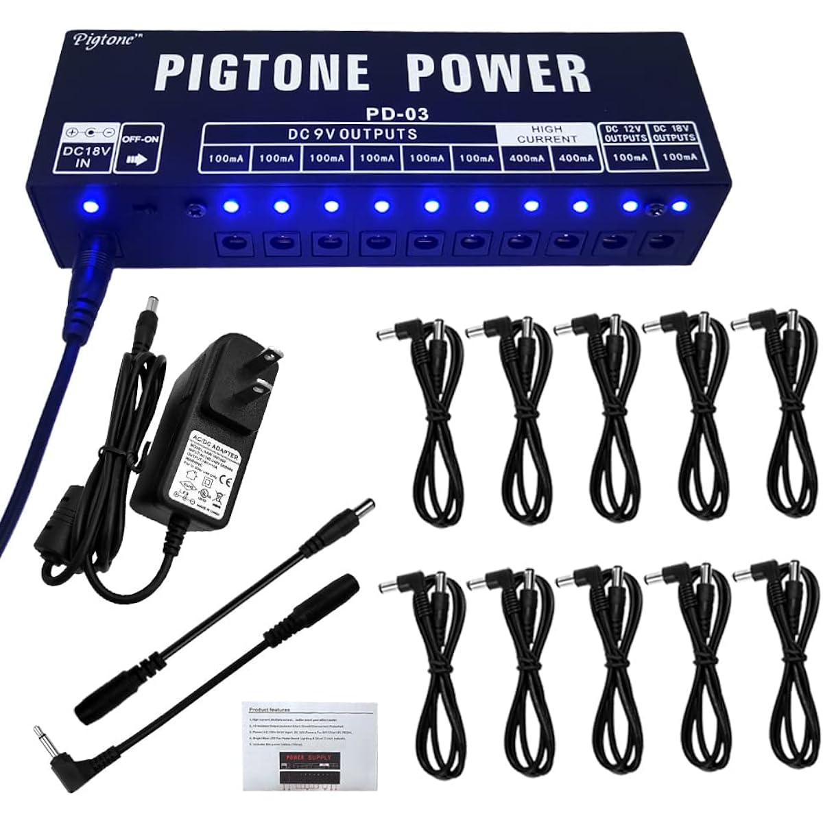 Pigtone PD-03 Guitar Effect Pedal 10 Independent DC Output Power 9V 12V 18V 100mA 400mA Ideal for Over Current Protection and Short Circuit