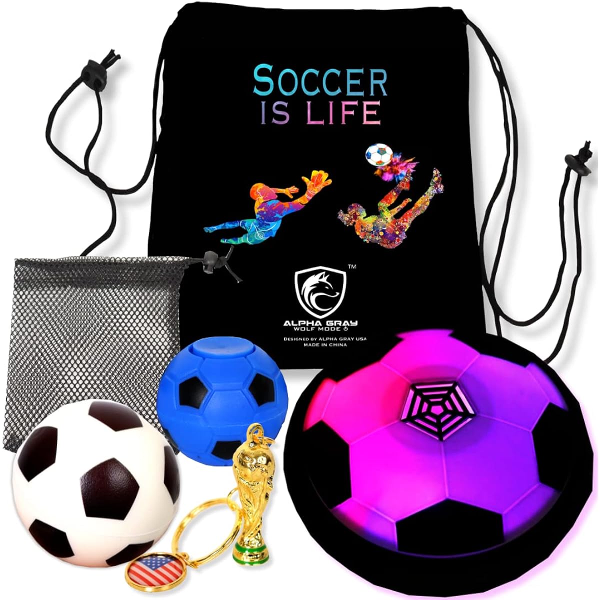 Soccer Gifts (7 Pack) - Durable Hover Soccer Balls with Trophy Keychain, Soccer Spinner and Cheer Horns for Outdoor and Indoor Football Activities in Elegant Backpack Package (Black)