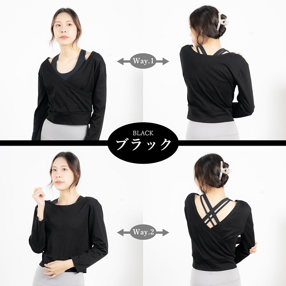 [iito.seasons] Women's Yoga Wear, Front and Back 2-Way Top, Sportswear, Dancewear, T-Shirt, Short Length, Long Sleeve, Plain, Blouse, Cute, Stylish, Yoga, Dance, Slimming, Korean, Popular, Summer, Spring, Autumn, Quick Drying
