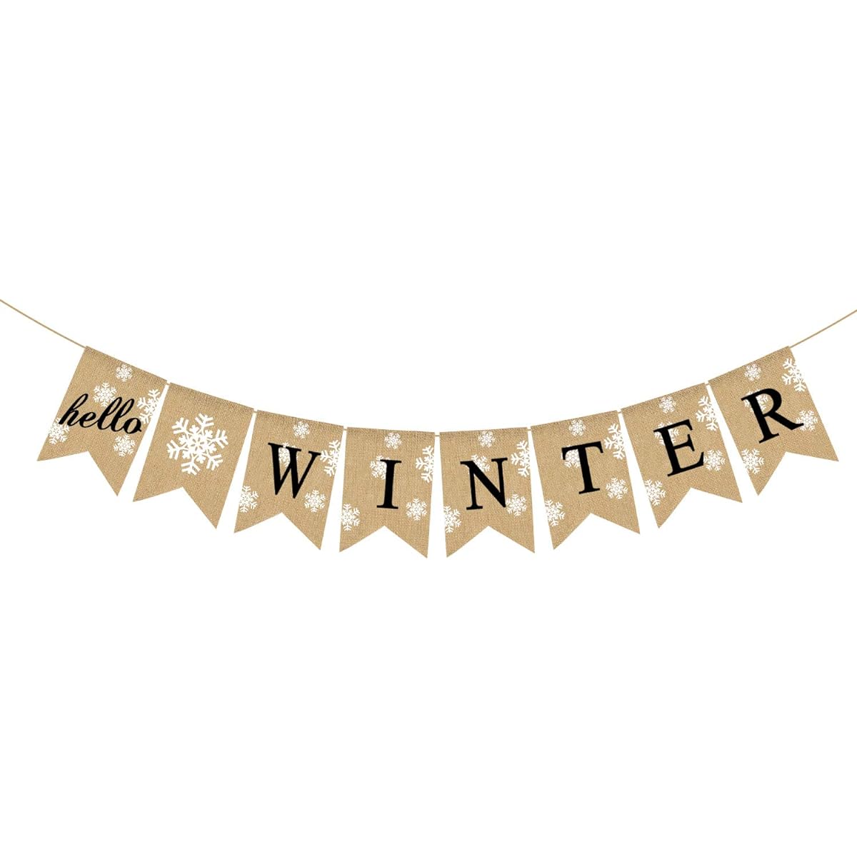 Rainlemon Jute Burlap Hello Winter Banner Snowflake Christmas Holiday Mantel Fireplace Flag Decoration