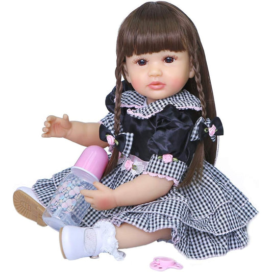 55CM Full Body Silicone Realistic Baby Doll Reborn Toddler Doll Lifelike Newborn Waterproof Bath Toy,Brown Hair