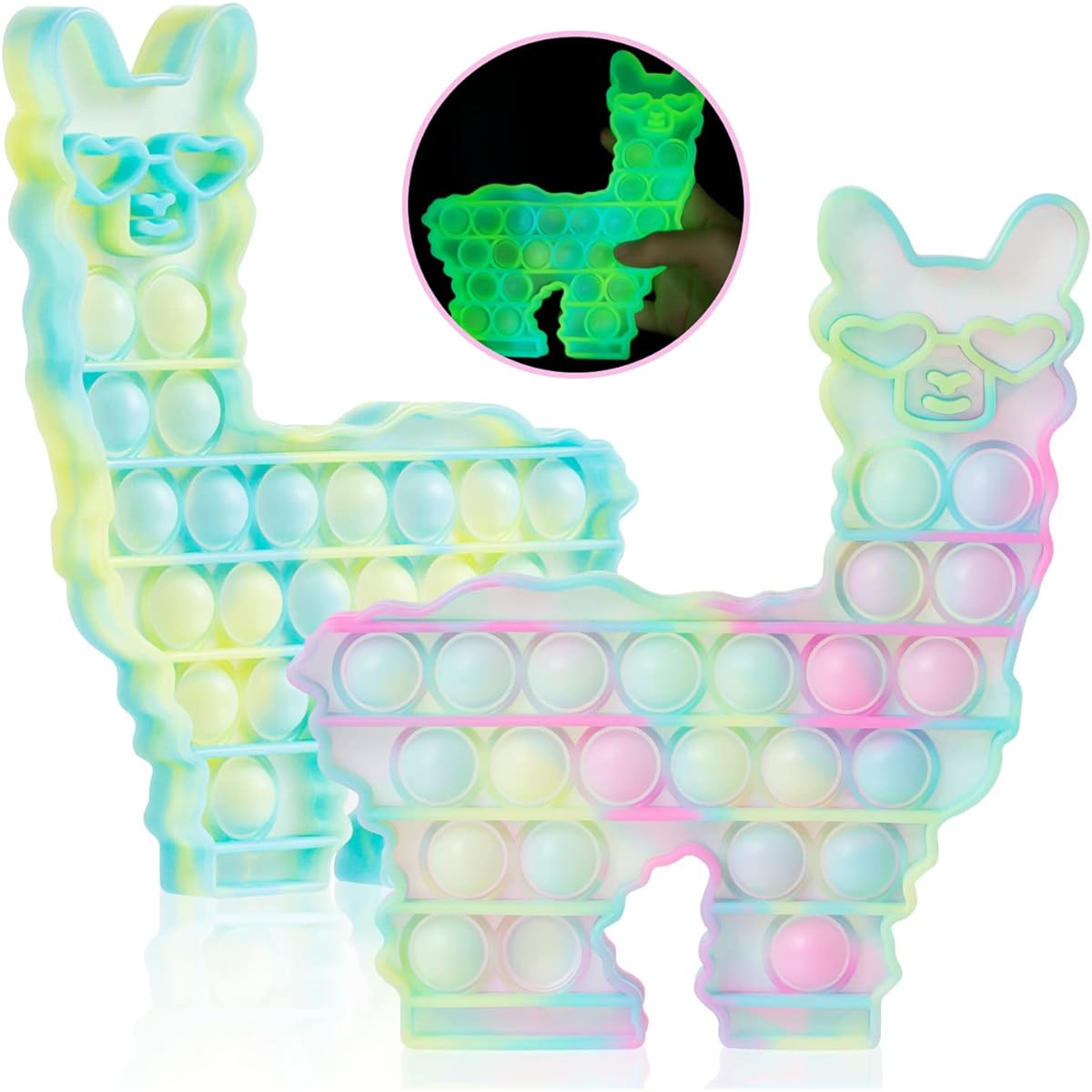 Hoofun Glow in the Dark Popping Bubble Fidget Llama Toy 2 Pack Fluorescent Silicone Alpaca Sensory Fidget Anxiety Relief Kids Toy