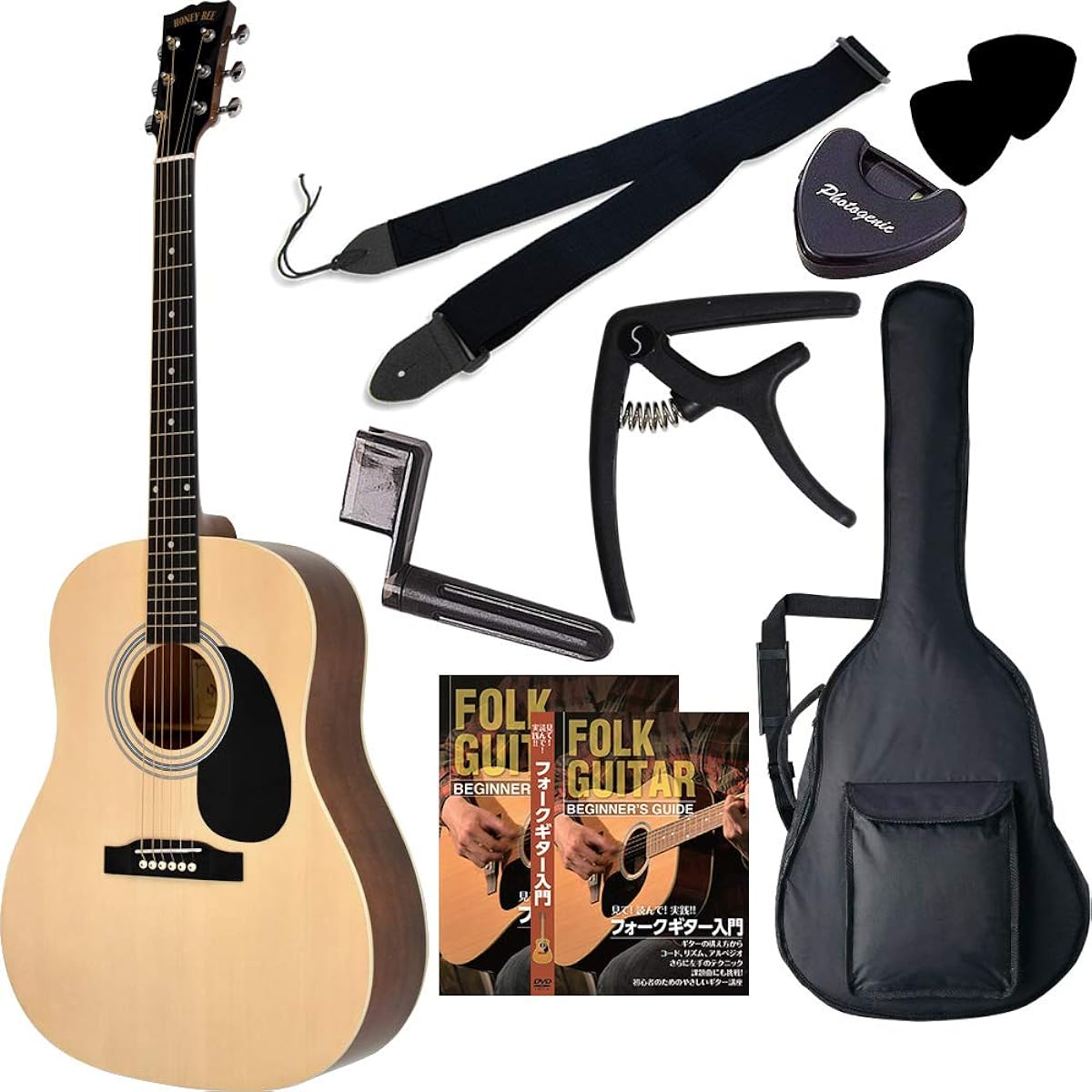 HONEY BEE Acoustic Guitar, Round Shoulder Type, HJ-18/N, Beginner's 8-Piece Set