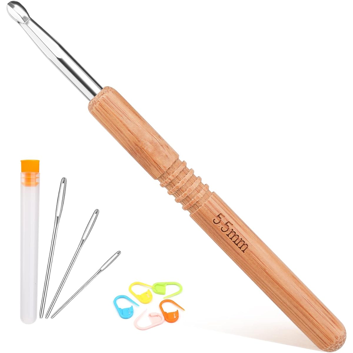 5.5mm Crochet Hook with Wooden Handle, Crochet Hook with 5.5mm Metal Hook, 3 Large Blunt Sewing Needles, 5 Markers, 1 Storage Bottle, for Crochet Dolls, Scarves, Pillows, etc.