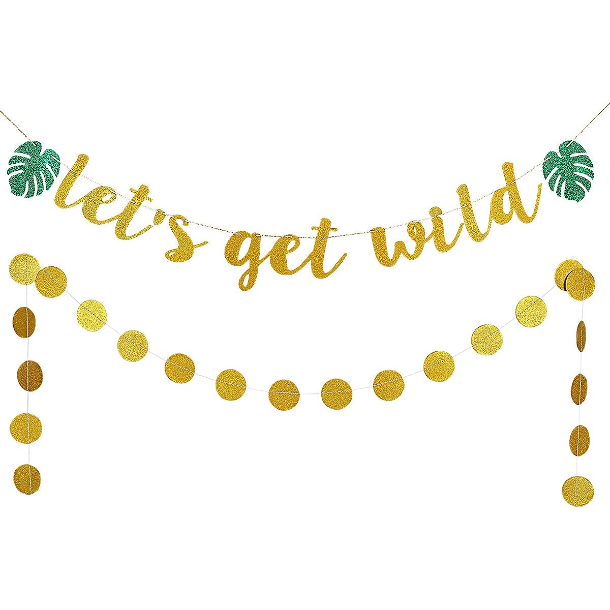 Gold Glitter "Let's Get Wild" Banner and Gold Glitter Circle Dot Garland Tropical Jungle Theme Birthday Hawaii Luau Party Decorations Supplies