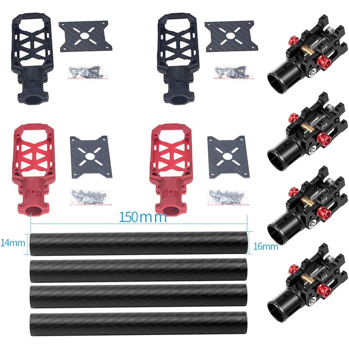 FEICHAO 4PCS 16MM*14MM*150MM 3K Carbon Fiber Tube with 16mm Clamp Type Motor Mount Plate Holder and Z16 Folding Arm Tube Joint for 4-Axis Aircraft RC Quadcopter DIY Helicopter Drone