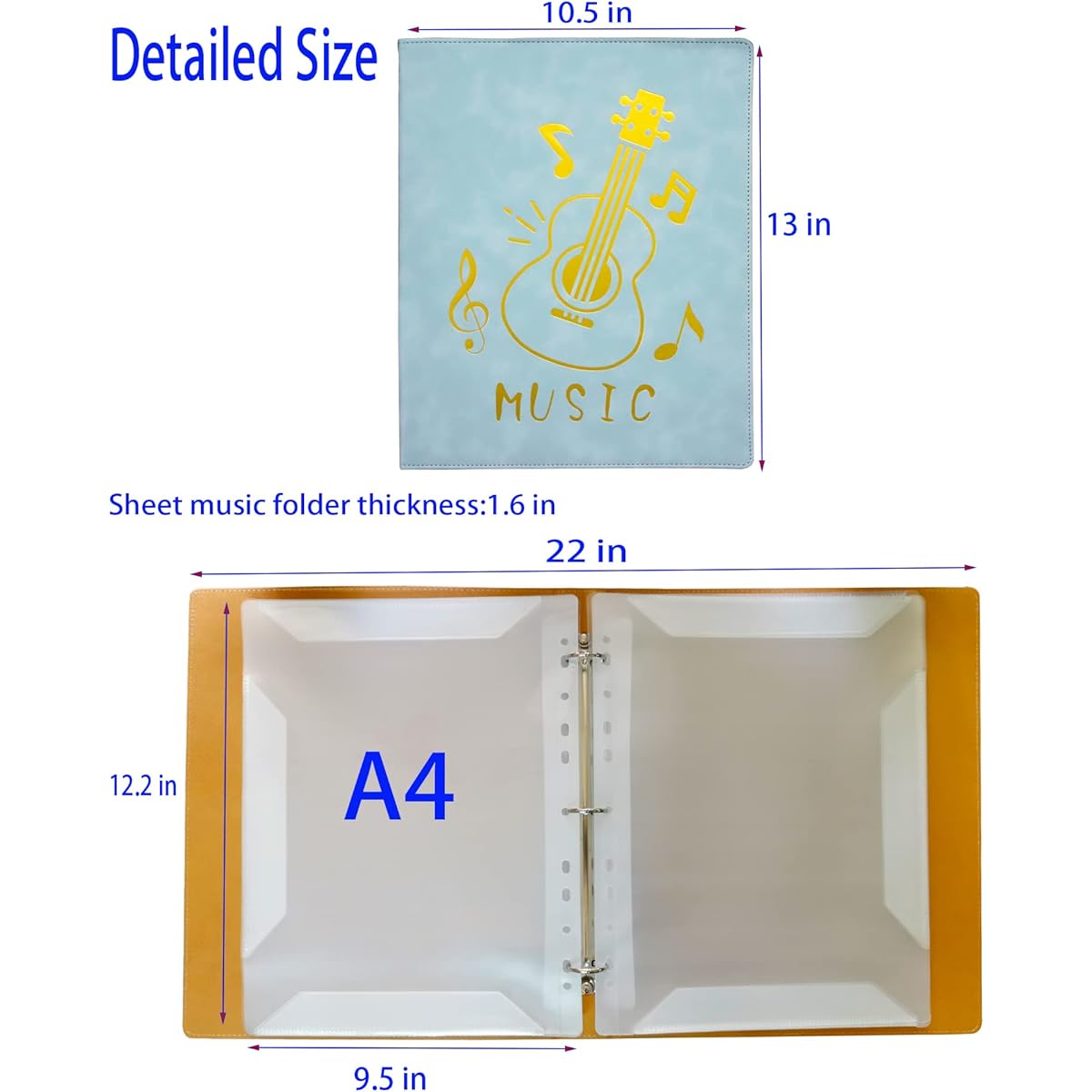 Music sheet folder, PU leather cover, sheet music folder storage, A4 size, 20 sleeves, 40 pages, writing, drawing, creating music and photo files, sleeve changeable, A3 sheet music storage possible