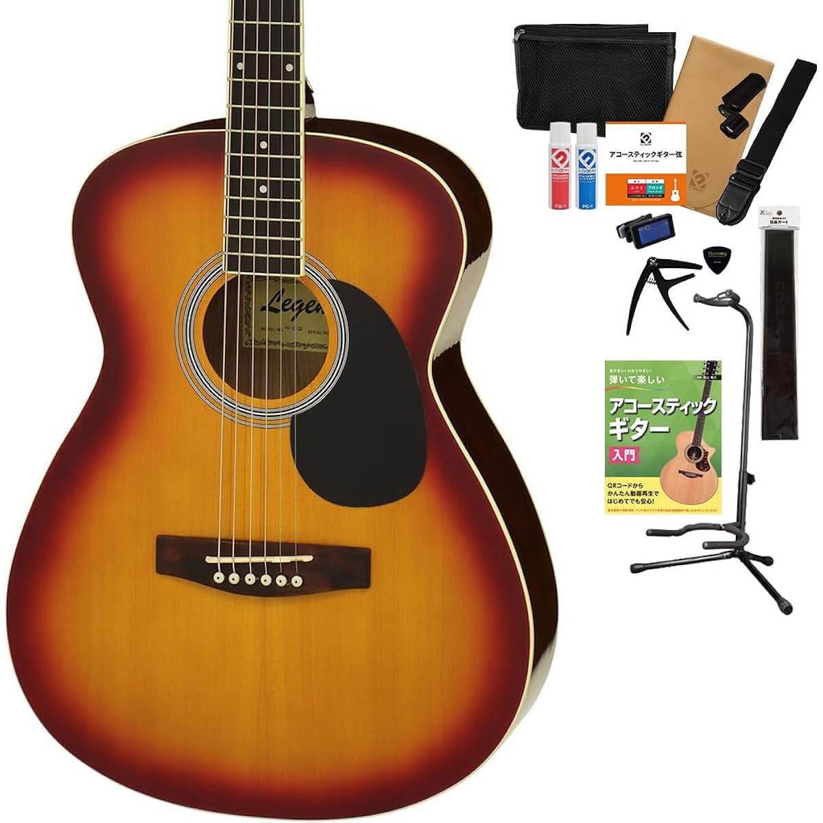 LEGEND FG-15 CS Acoustic Guitar, 15-piece Select Set with Textbook and Maintenance Supplies, Beginner Set, OOO Size, Legend