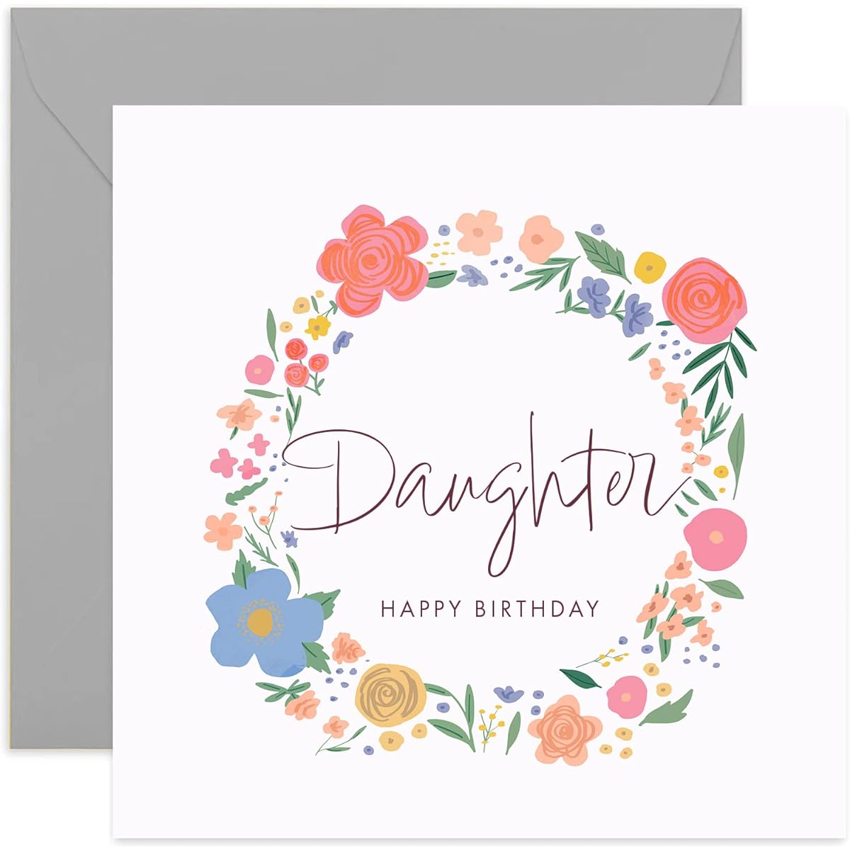 Old English Co. Daughter Happy Birthday Card - Sweet and Pretty Floral Wreath Card | Flowers from Mom, Dad, Parents | Blank Inside & Envelope Included