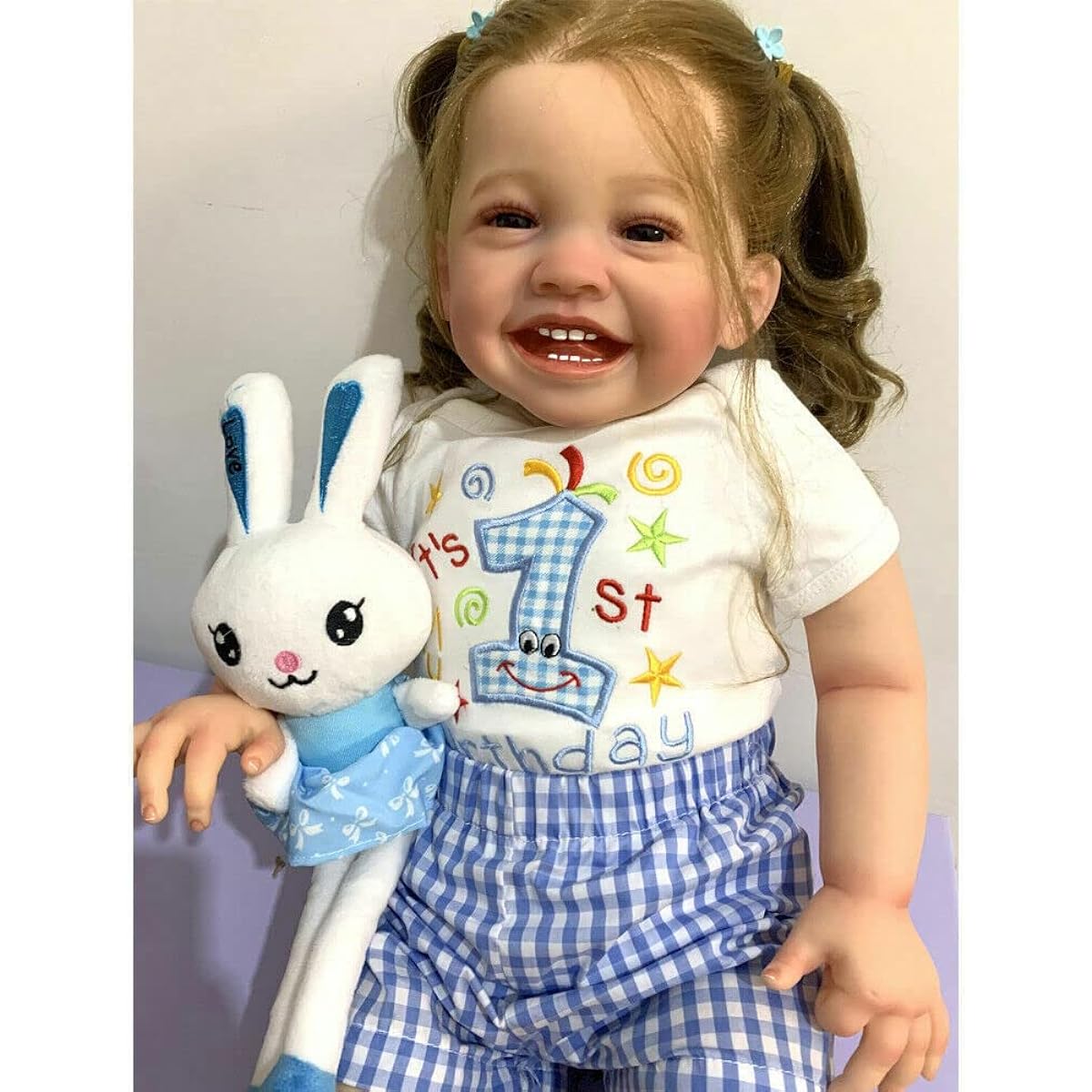 Meeler Reborn Doll 60cm Realistic Baby Doll Toy Smiling Cute Brown Hair Girl Newborn Reborn Limbs Silicone Vinyl and Cotton Body Handmade Realistic Looking Toddler Doll Kids Birthday Gift Toy