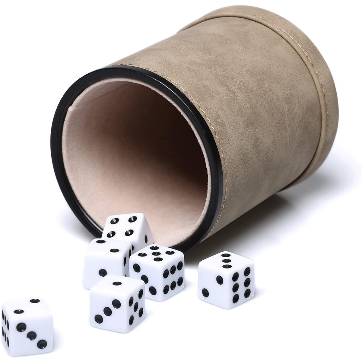 Synthetic Leather Dice Cup with 6 Ivory Dice, Felt Lined Quiet Shaker for Yahtzee/Farkle/Liars Dice Games