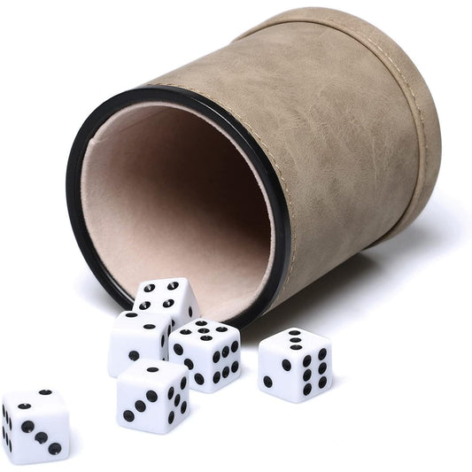 Synthetic Leather Dice Cup with 6 Ivory Dice, Felt Lined Quiet Shaker for Yahtzee/Farkle/Liars Dice Games