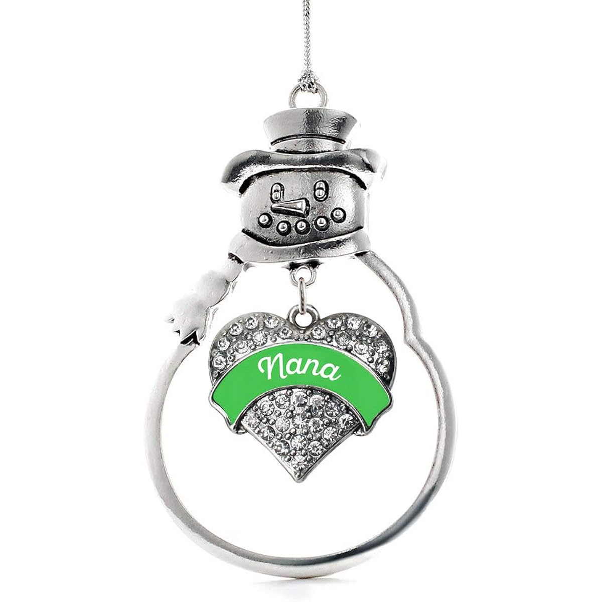 Silver Emerald Green Nanana Pave Heart Snowman Holiday Christmas Tree Ornament with Crystal Rhinestones