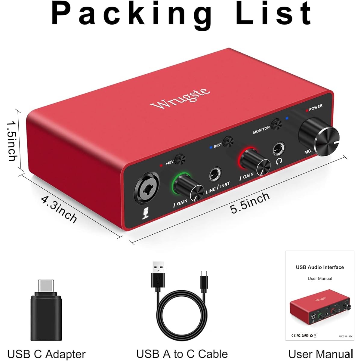 Wrugste USB Audio Interface Solo(24bit/192kHz)+48V Phantom Power Computer Recording Podcasting and Streaming Plug and Play Upgraded XLR Audio Interface for Content Creators Musicians
