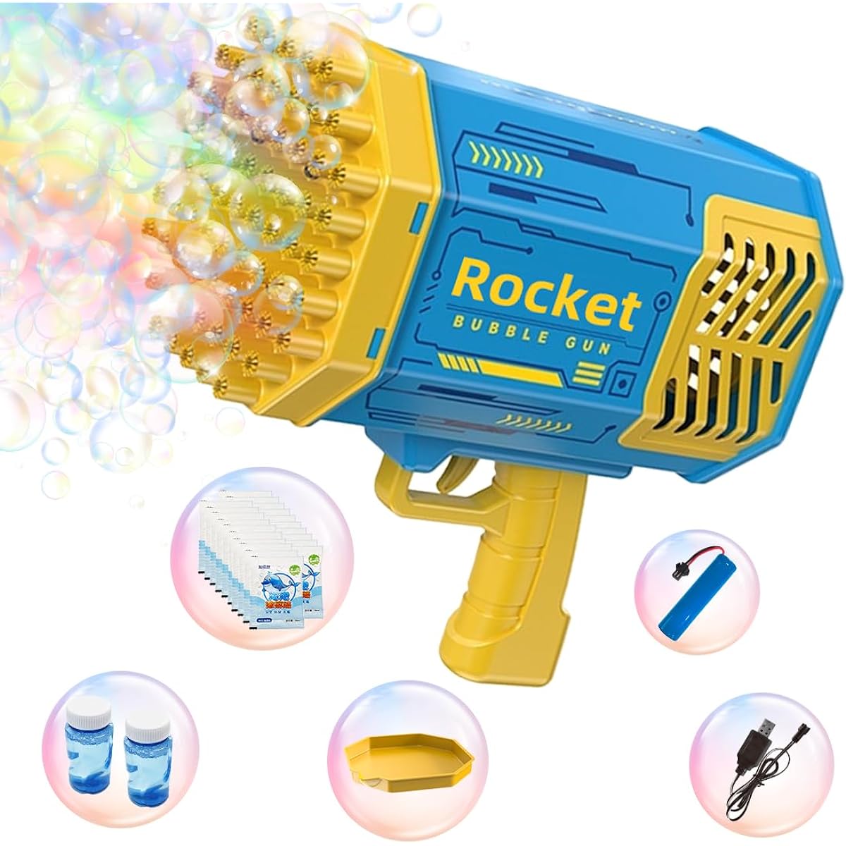Bubble Machine Gun for Kids, Automatic 69 Hole Bubble Gun with Light Bubble Solution, Bubble Maker Bubble Blower Machine Gift for Toddler Boys Girls for Party Outdoor Birthday Wedding (Blue)