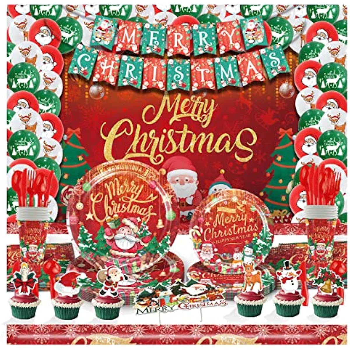 Draywitt Christmas Party Supplies, Christmas Paper Plates and Napkins, Heavy Duty Christmas Paper Plates and Napkins, Cups, Tablecloth, Banner, Cutlery, Total 267 Pieces