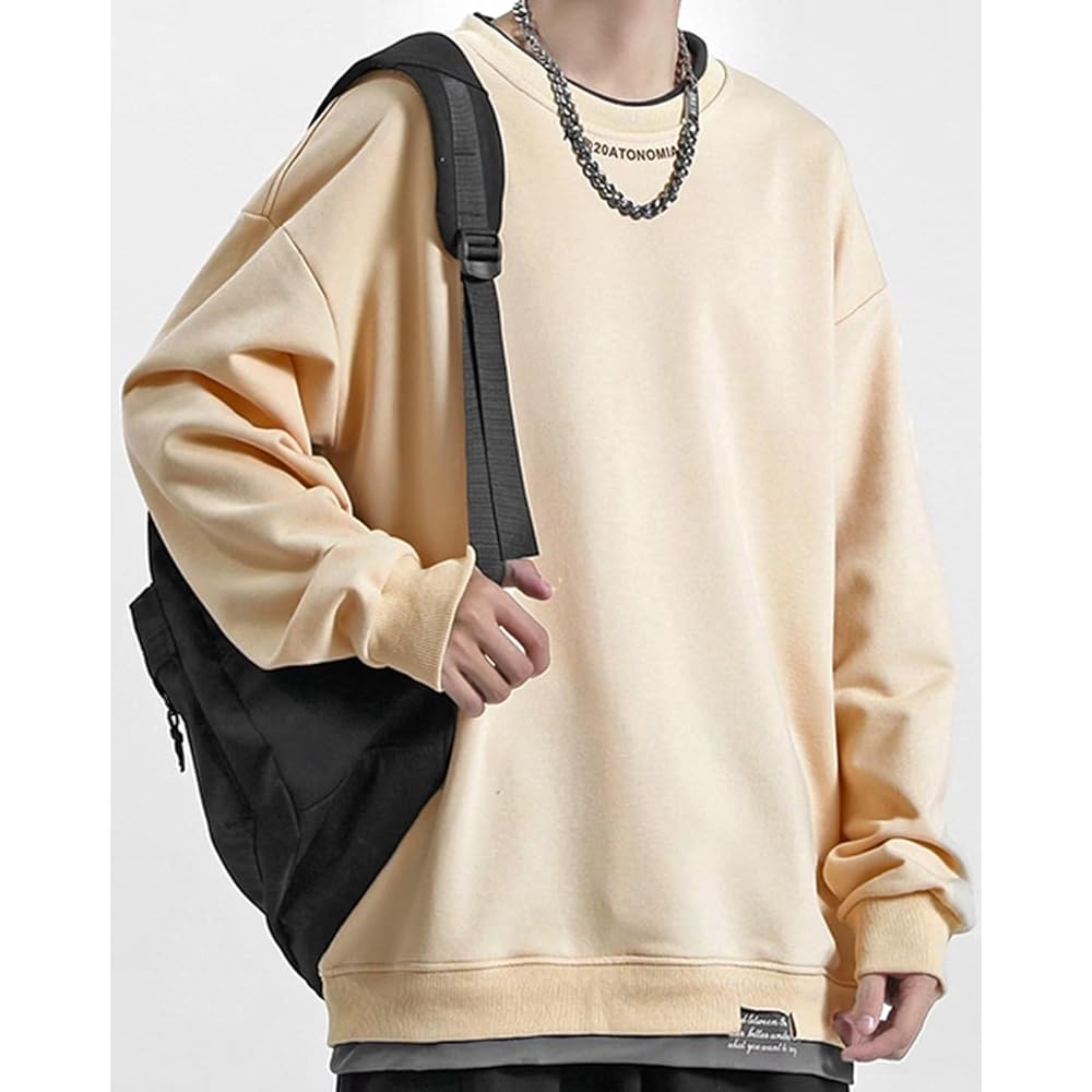 [Bligo] Sweatshirt, Men's, Autumn Clothes, Parka, Round Neck, Long Sleeve, Faux Layered, Large Size, Pullover, Plain, Popular, Tops, Casual, Simple, Stylish, Loose, Drop Shoulder, Spring, Winter Clothes