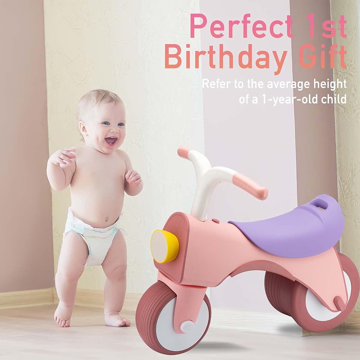Tinone Cute Baby Toddler Infant Balance Bike Bicycle 12-36 Months No Pedal Ride On Toy Indoor Outdoor 1 Year Old Boy Girl First Birthday Gift Balance Car with Music and Lights (Pink)