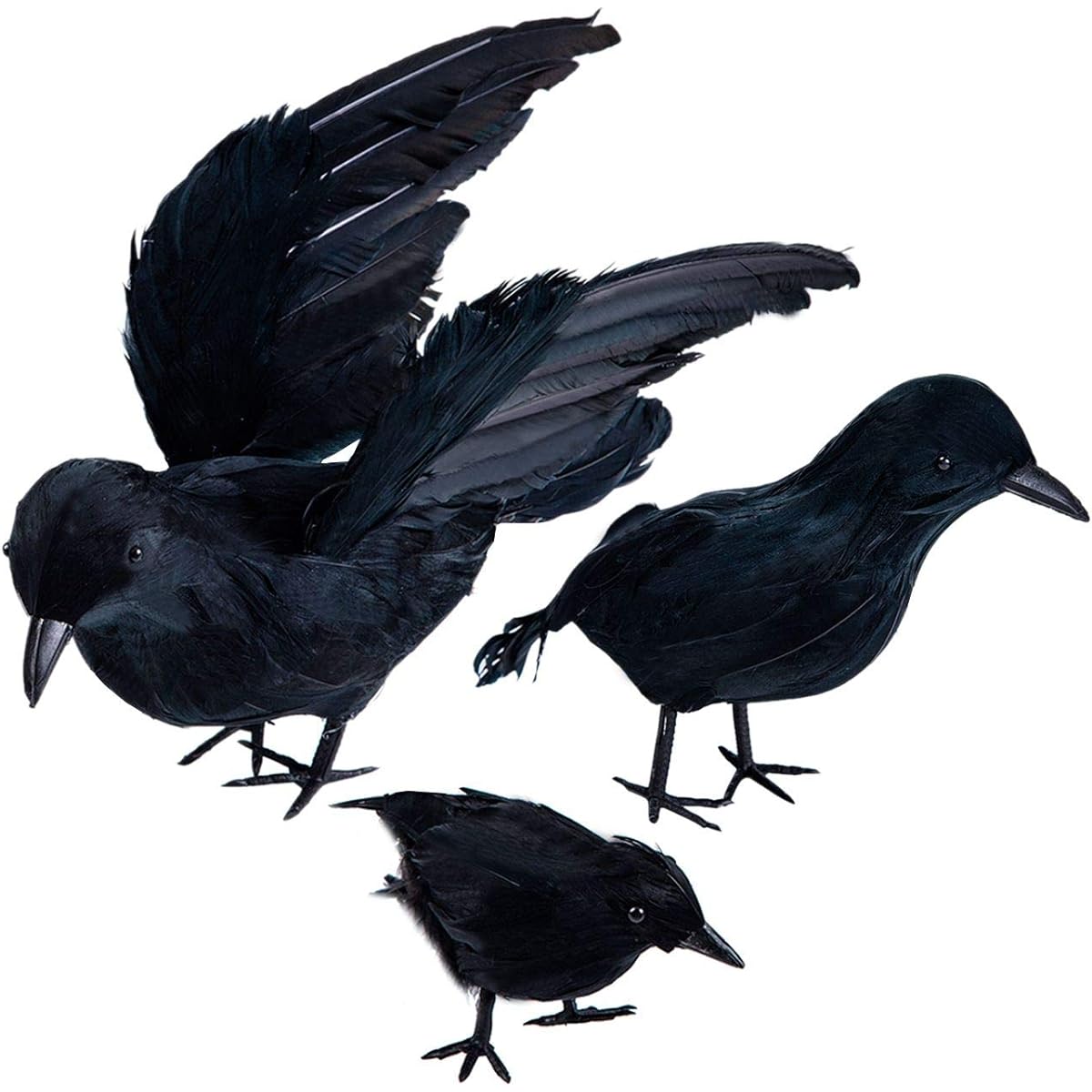 Darnassus 3 Pack Halloween Black Feathered Crows, Realistic Handmade Crow Props for Halloween Party Outdoor and Indoor Decorations