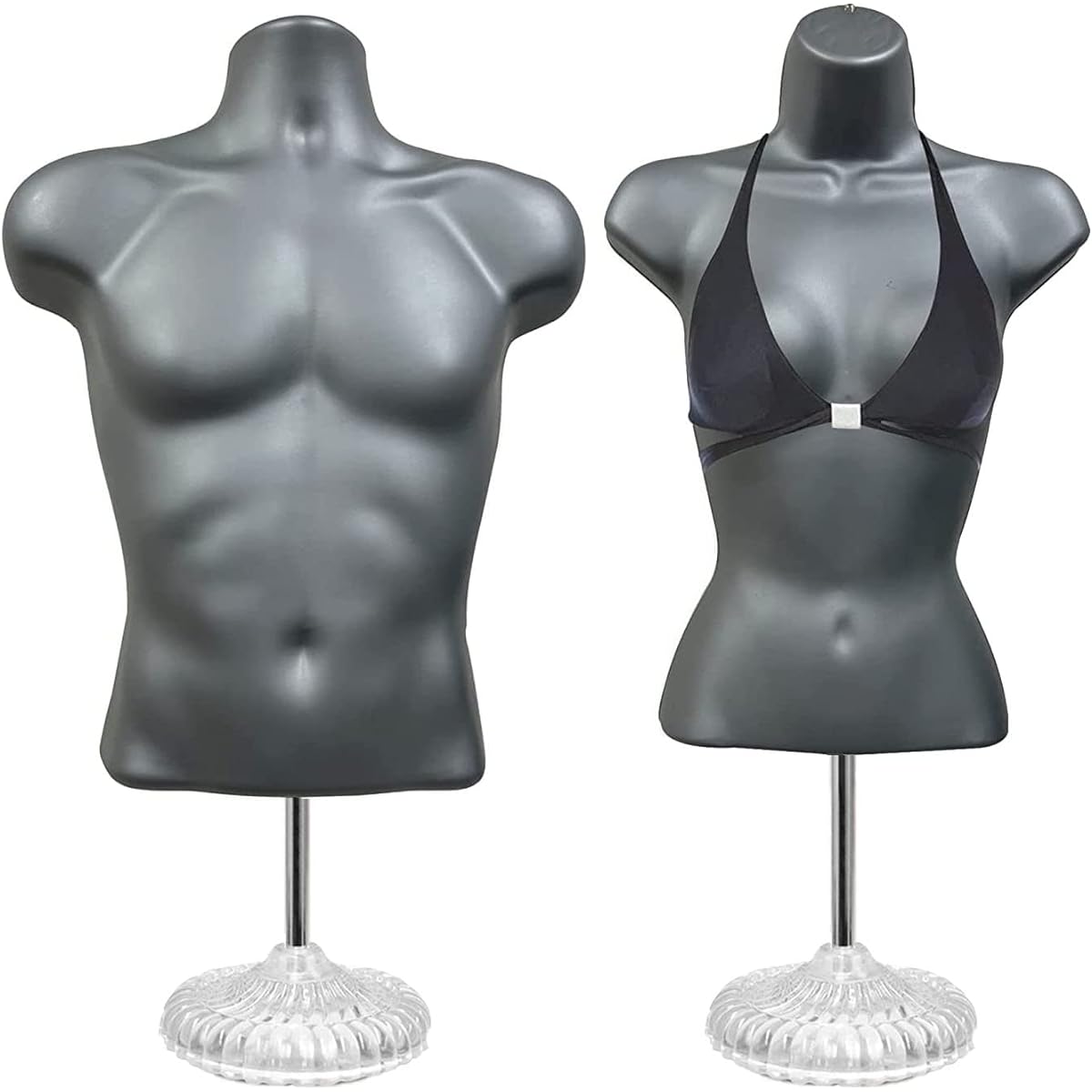 Gray Male & Female Hollowback Mannequin Torso Set with Metal Stand with Metal Pole Sizes S-M