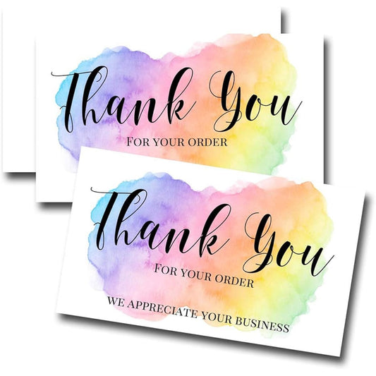 AmandaCreation Pastel Rainbow Watercolor Stroke Thank You Customer Appreciation Packaging Inserts for Small Business - 100 Sheets 2" X 3.5" Single Sided Insert Cards