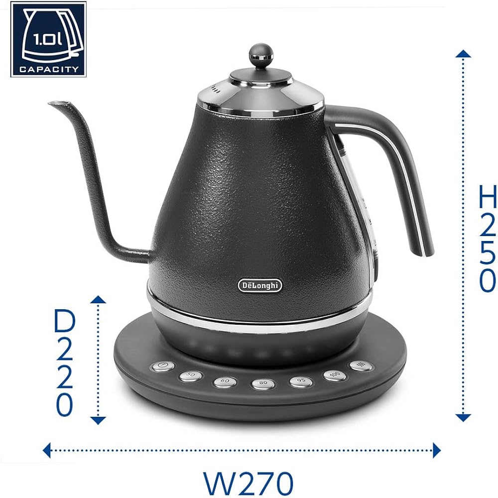 De'Longhi Electric Cafe Kettle Icona KBOE1230J-GY with Temperature Adjustment Function Stainless Steel Hand Drip 1.0L One-Push 5 Temperature Settings 20 Minute Warm Function Accurate Pour Comfort Easy to Read Water Meter [Prestige Gray] 3 Year Warranty w