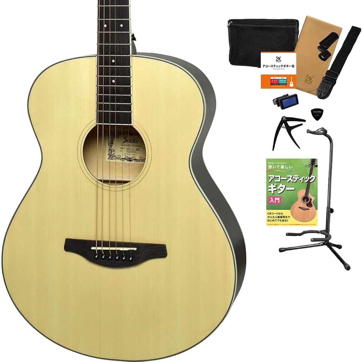 Soldin SFG-15 NAS Acoustic Guitar, 12-piece Select Set with Textbook, Beginner Set, OOO Size, Satin Finish, Soldin