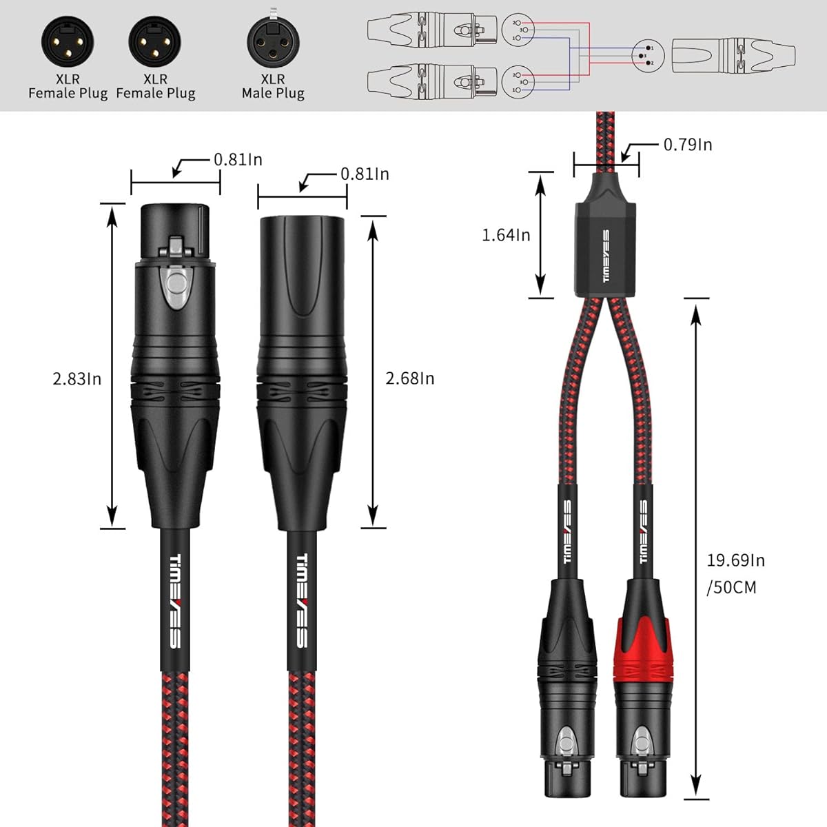 TIMEYES XLR Y Splitter Audio Cable - 1 XLR Male to 2 XLR Female Balanced Mic Patch Cable - 3ft Dual XLR Female to XLR Male Bidirectional Adapter Mic Cord - XLR to 2 XLR M-F Y Cable - 1m