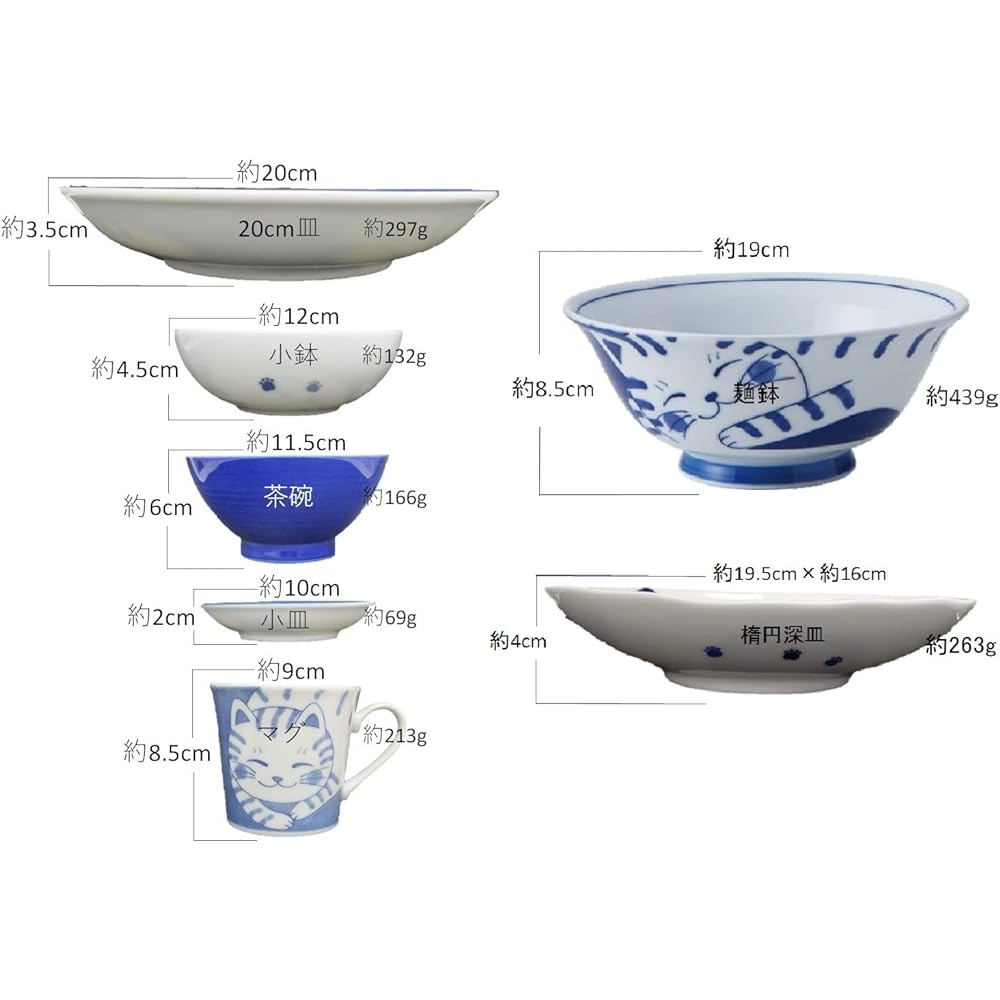 Cat's pottery Nekogura (Tora) 7-piece tableware set, lightweight tableware (lightweight), made in Japan, Mino ware