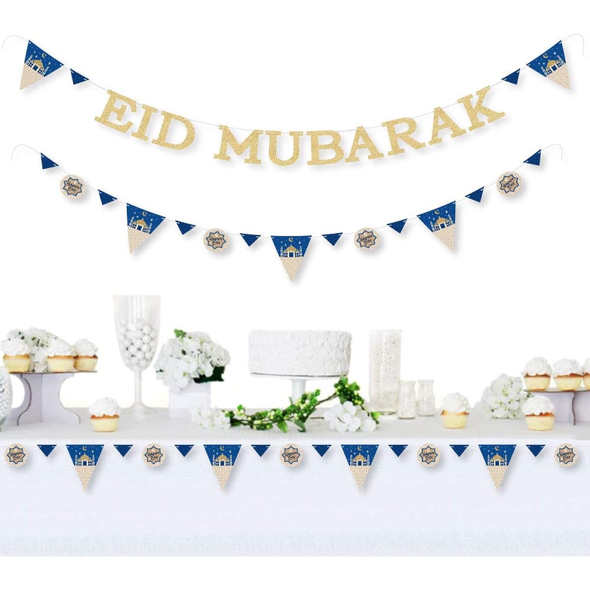Ramadan - Eid Mubarak Letter Banner Decoration - 36 Banners Cutouts and Stainless Authentic Gold Glitter Eid Mubarak Banner Letters