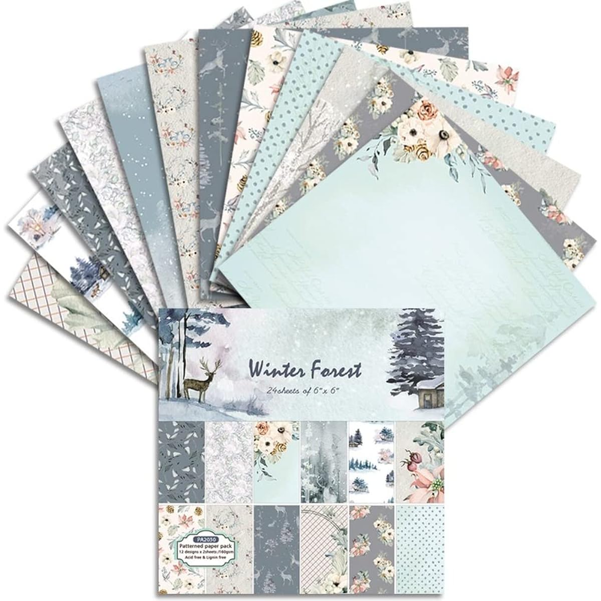 Winter Forest Trees Leaves Flowers Snow Deer 6" x 6" Decorative Craft Paper Pads 24 Sheets Single Sided Scrapbook Paper 160GSM Cuttable Scrapbook Card Making Album Supplies