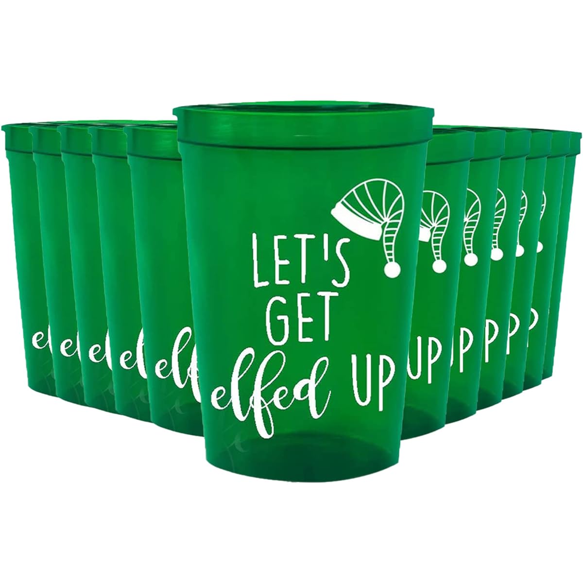 Christmas Party Cups - "Let's Get Elfed Up" - Set of 12 Clear Green and White 16 oz Stadium Cups for Christmas Parties Funny Christmas Cups Great for Ugly Christmas Sweater Parties