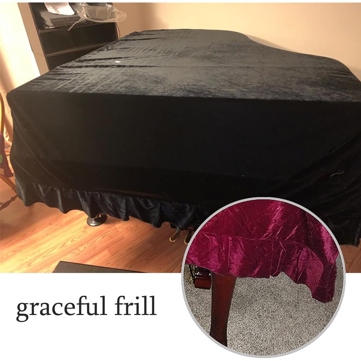J&C Grand Piano Cover 220G Thick Press Cloth Golden Velvet 5' 5'8' 6' 7' 8' Dustproof Anti-Static Universal Cover Black (210-220cm)