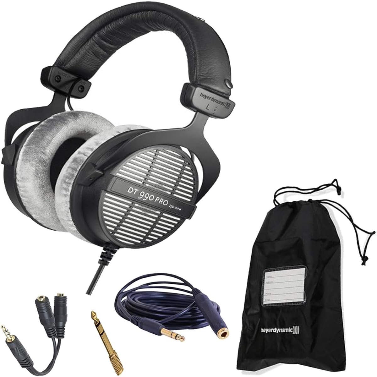 beyerdynamic DT 990 Pro 250 Ohm Open Back Studio Mixing Headphones Bundle Includes Soft Case, Headphone Splitter and More