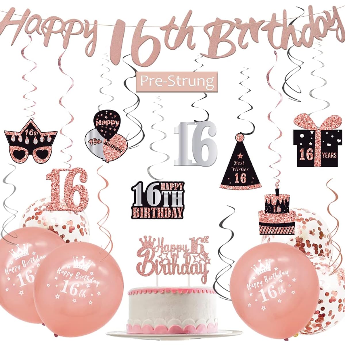 WOJOGO 16th Birthday Decorations for Girls Boys Sweet Rose Gold 16th Birthday Decorations Kit Pre-Strung Happy 16th Birthday Banner Hanging Swirl Birthday Cake Topper Balloons for Party Supplies