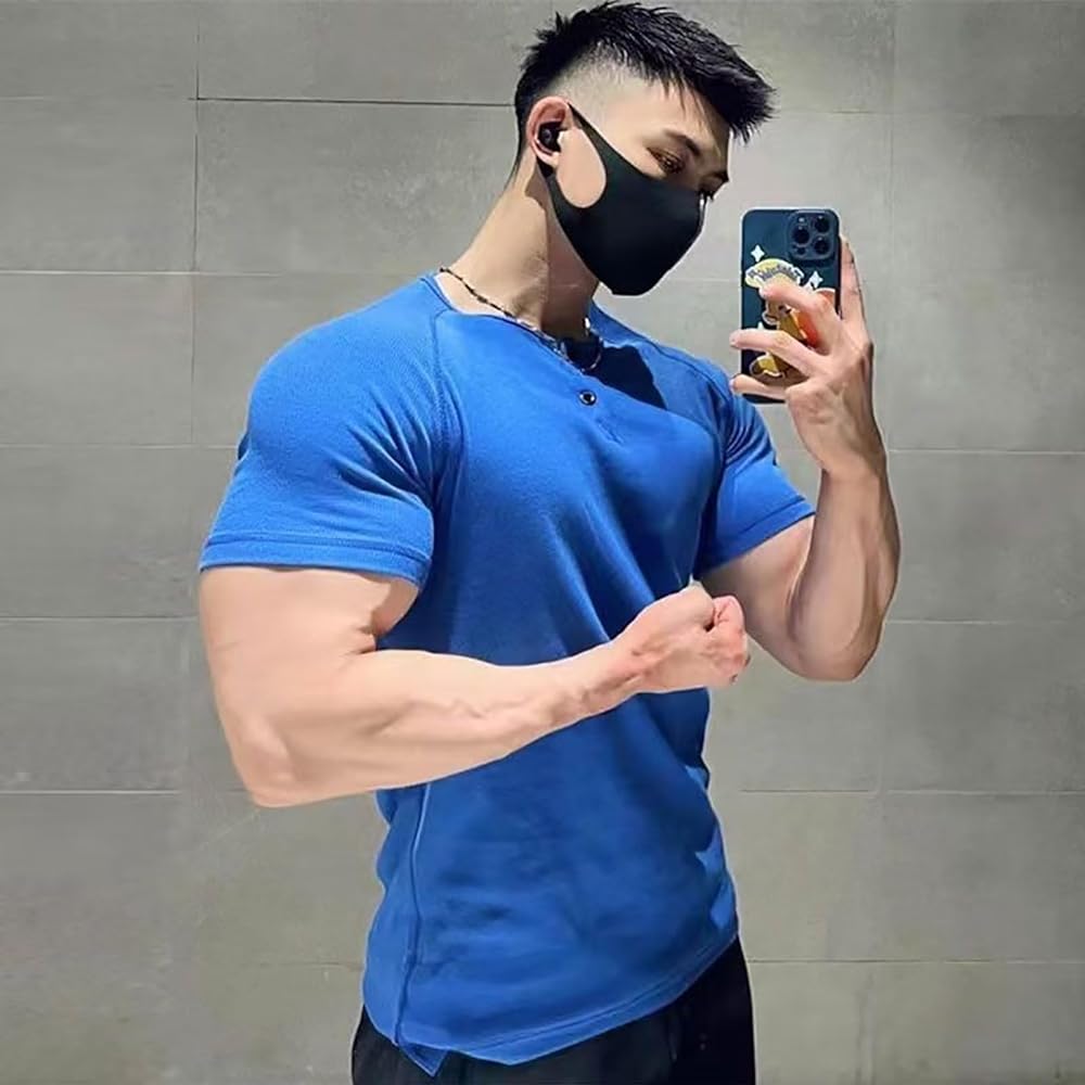 [KULIXI] Henley Neck Short Sleeve Men's T-Shirt Fitness Stylish Inner Shirt Stretch Casual Muscle Training Gym T-Shirt Plain Cut and Sewn Large Size DX5345