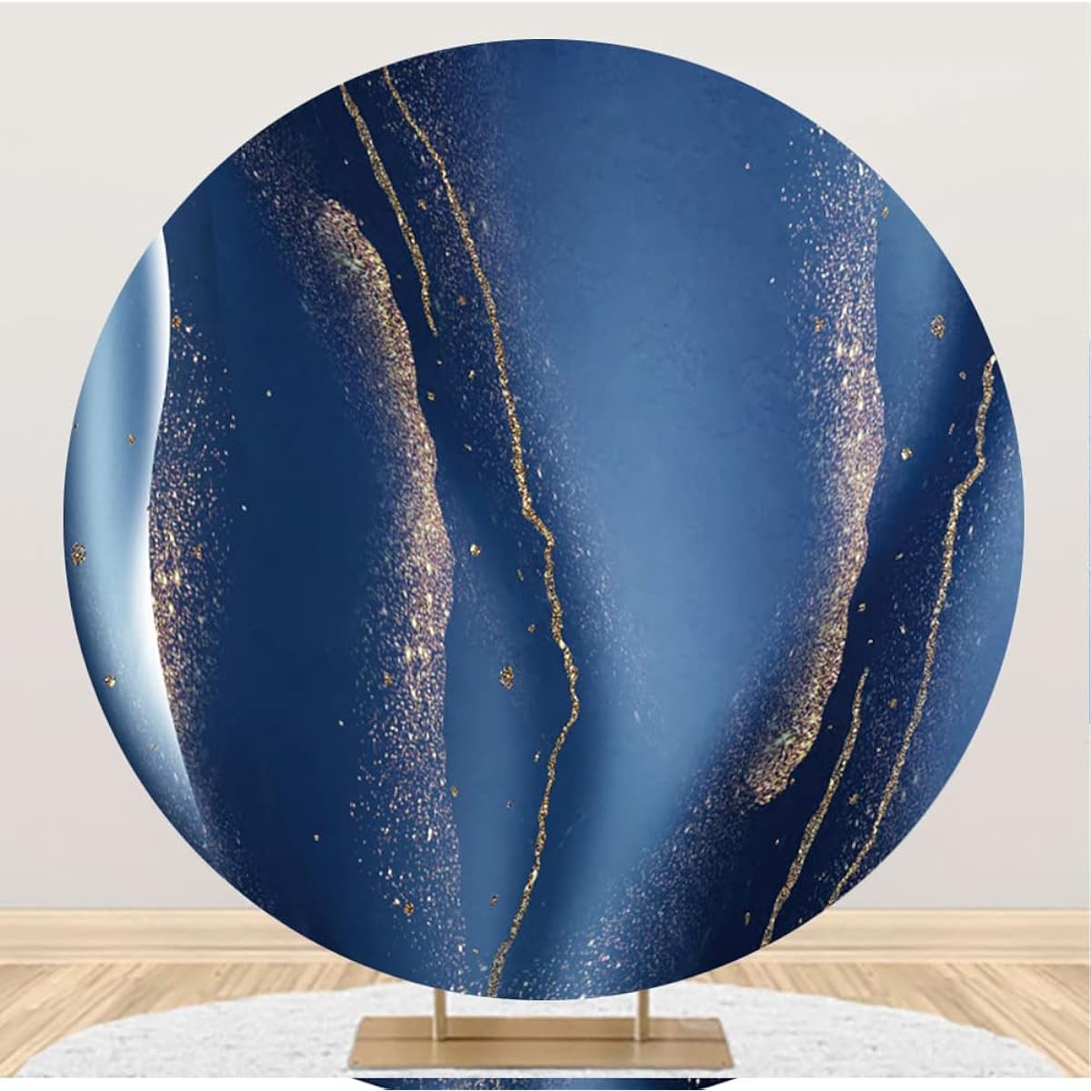 Canessioa 4 x 4ft Blue Marble Round Background Polyester Royal Blue Marble Texture Design Round Backdrop Cover Gold Crack Modern Abstract Round Backdrop for Adults Birthday Party Anniversary Wedding