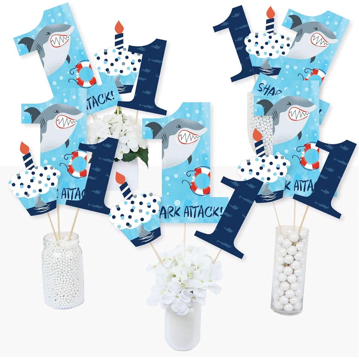 1st Birthday Shark Zone - Javan Shark First Birthday Party Centerpiece Sticks - Table Toppers - Set of 15