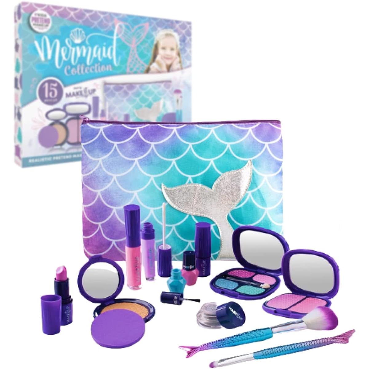 Makeup - Mermaid Collection Kit for Young Girls (with Zipper Bag) - Realistic Pretend Makeup, Eyeshadow, Glitter, Lip Gloss and More - Easy to Wash, Non-Toxic - Safety Tested - Blue