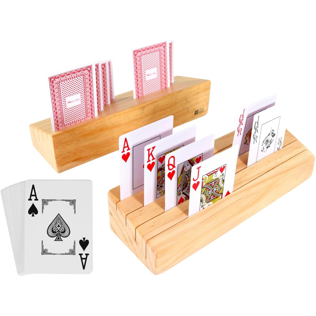 Clear Huku - Wooden Playing Card Holder - Set of 2 Card Rack Organizer - Free Your Hands to See All Your Cards - Includes Pack of Playing Cards