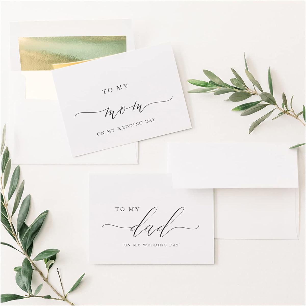 To My Mom To My Dad On My Wedding Day Cards 4 x 5.5 Inch Foldable White Cards with Black Calligraphy and Gold Foil Lined Envelopes Set of 2 Cards Elegant Minimalist Style Wedding Cards