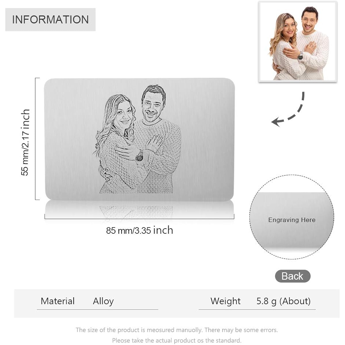 Metal Wallet Photo Card Double Sided Custom Engraved Message Wallet Card Insert Gift (Silver)