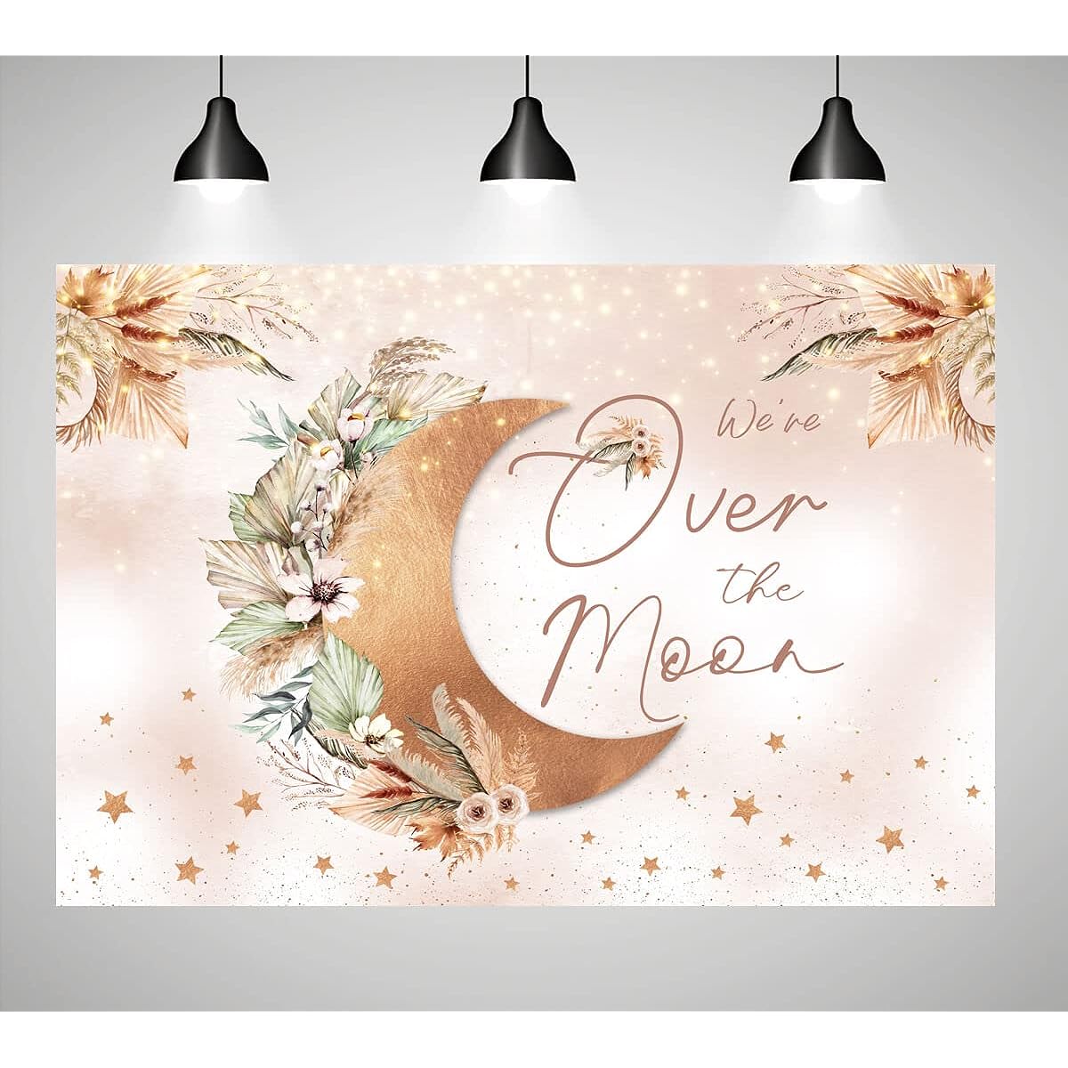 Over the Moon Baby Shower Backdrop Boho Pampas Grass Gender Neutral Baby Shower Party Photo Background Decoration Bohemian Baby Shower Party Banner 7x5ft