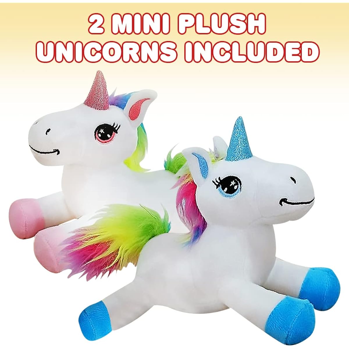 ArtCreativity Mini Stuffed Animals Lying Unicorn Plush Toys Set of 2 Soft Cuddly Unicorn Toys for Girls and Boys Cute Home Bedroom Nursery Decor Princess Gifts for Kids 7" Long