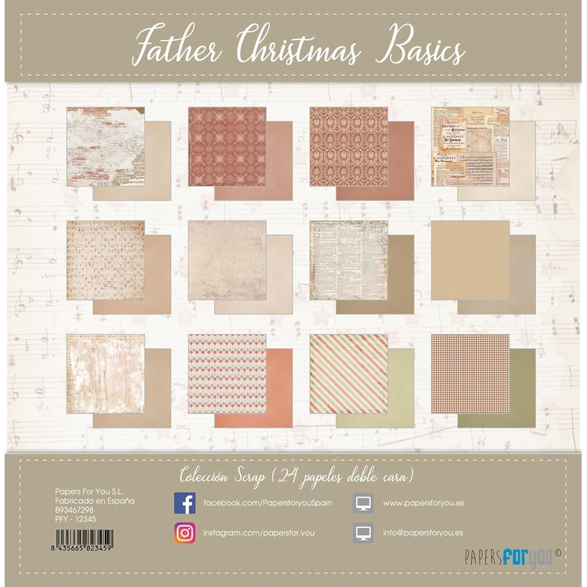Papers For You - Scrapbooking and Craft Paper Kit | "Father Christmas Basics" Collection | Includes 24 double-sided papers with different designs | Size 20.32 x 20.32 cm (8" x 8")