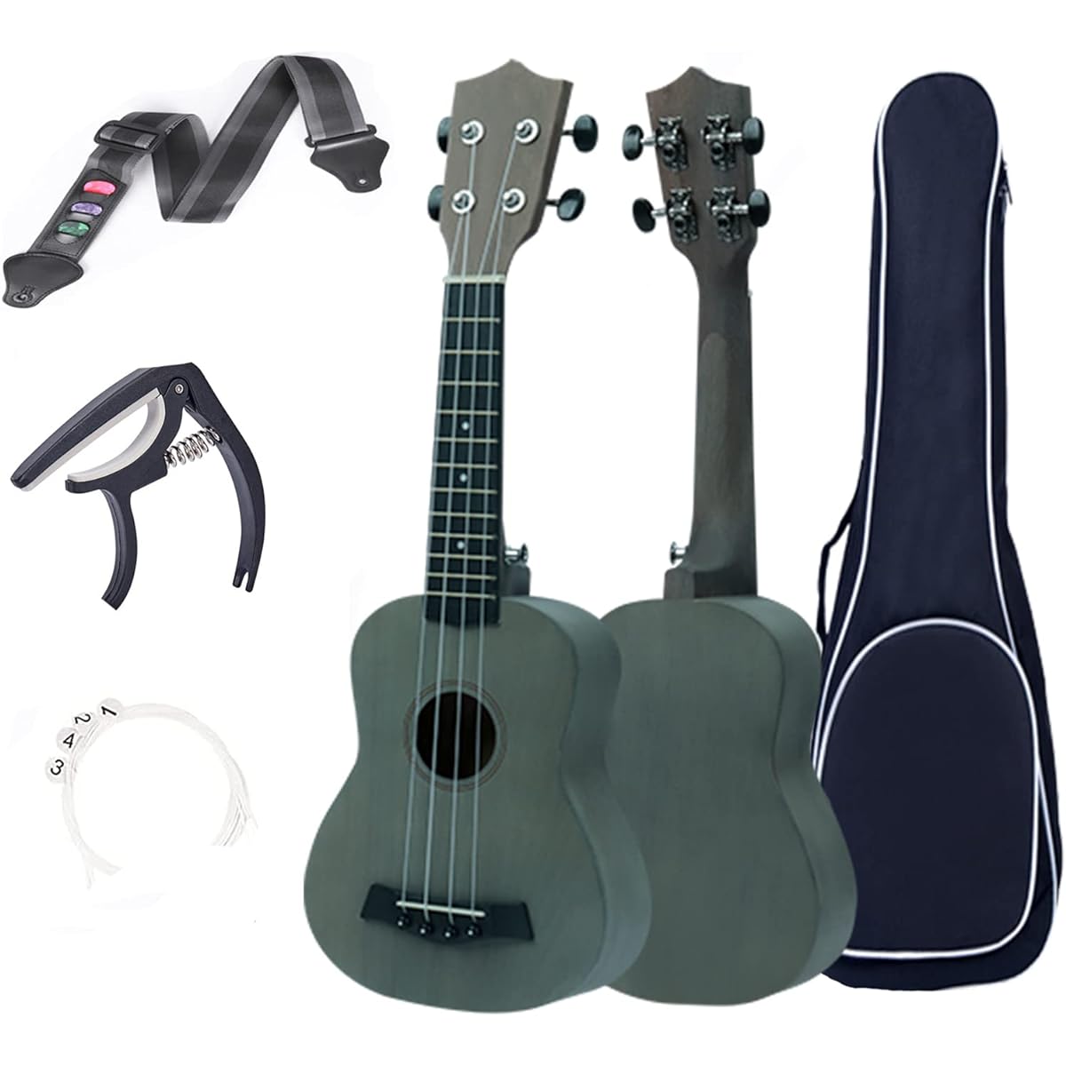 CEOMO Soprano Ukulele 21 Inch Basswood Ukulele Children Students Beginner Kit Gig Bag Pick Capo Strap String Starter Manual (Gray)