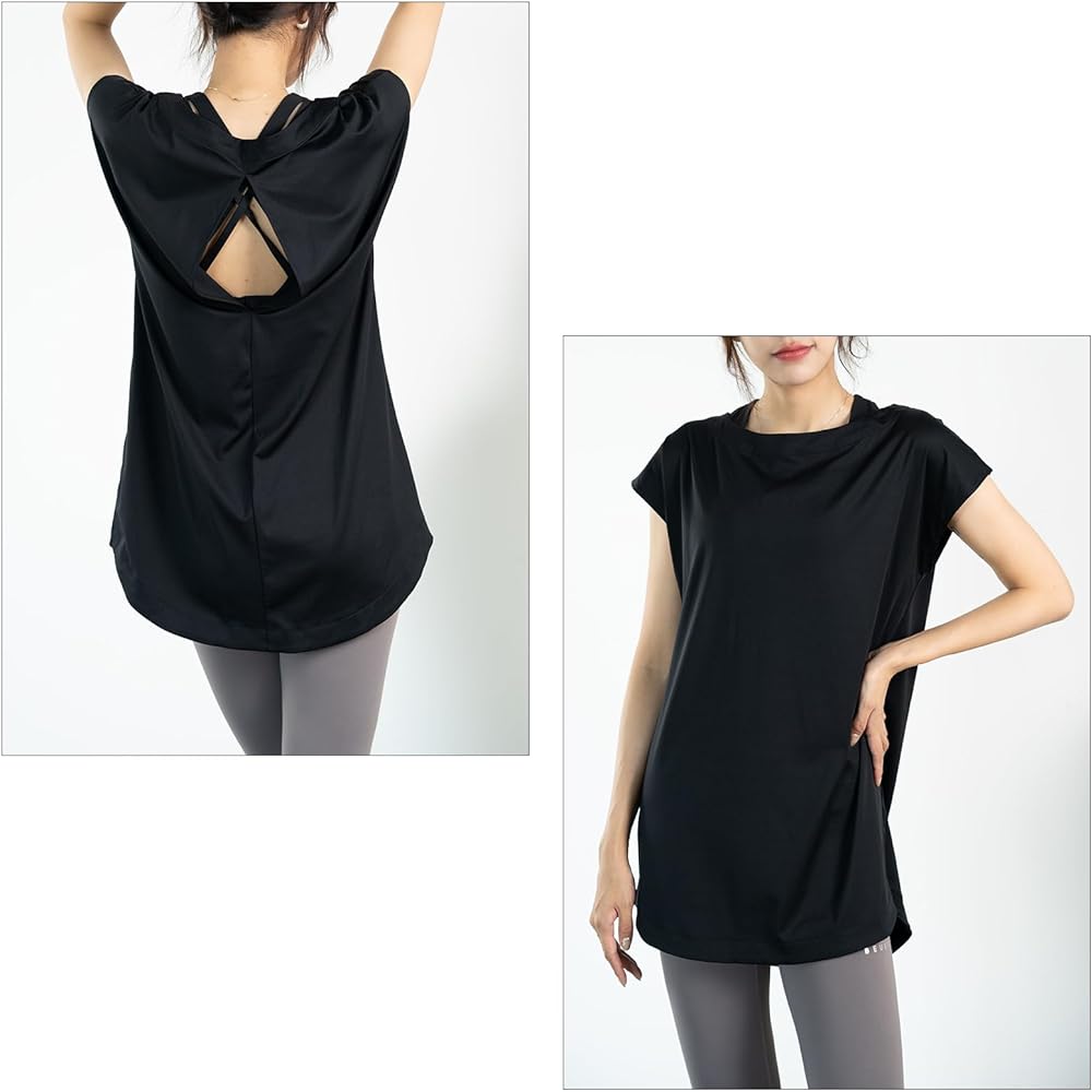 [iito.seasons] Women's Yoga Wear, Beautiful Back, Open Back, Loose Top, Body Covering, Cooling Shirt, Long Length, Short Sleeves, Sports Room Wear, Fitness, Training, Sweat Absorbent, Quick Drying, UV Protection, UV Protection, Thin, Summer, Stylish