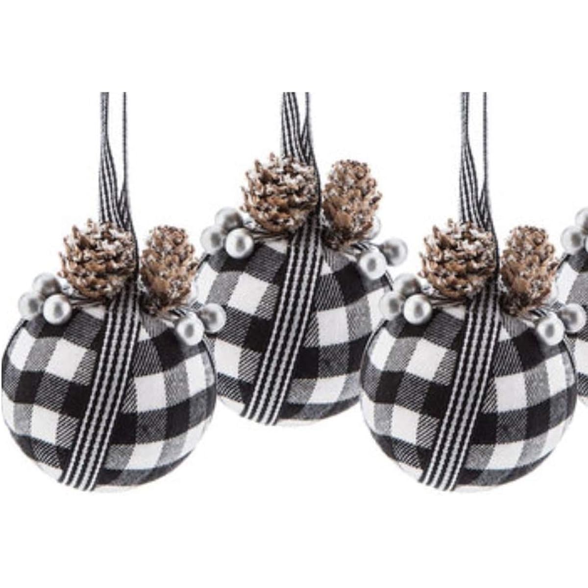 Set of 6 Farmhouse Style Black & White Buffalo Check Ball Ornaments