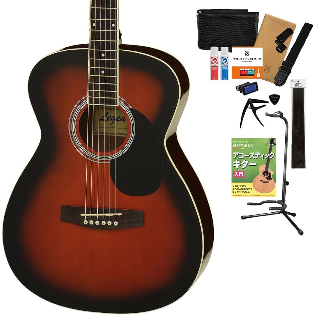 LEGEND FG-15 BS Acoustic Guitar, 15-piece Select Set with Textbook and Maintenance Supplies, Beginner Set, OOO Size, Legend