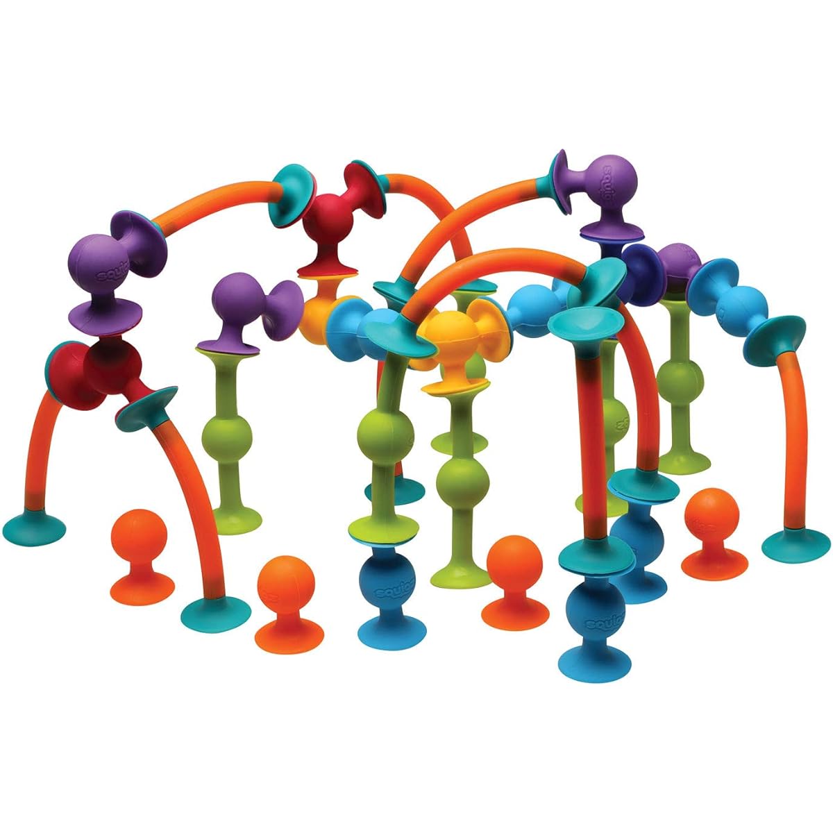 FAT BRAIN TOYS Squigz Jumbo 75 Piece Set with Storage Bag - Exclusive Combo Suction Toy Building Set - BPA-Free